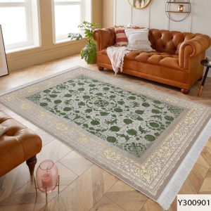 روفرشی کشدار گل افشان کرم وسبز فرشینه 6 متری مخمل فرش 6 متری کرم و سبز