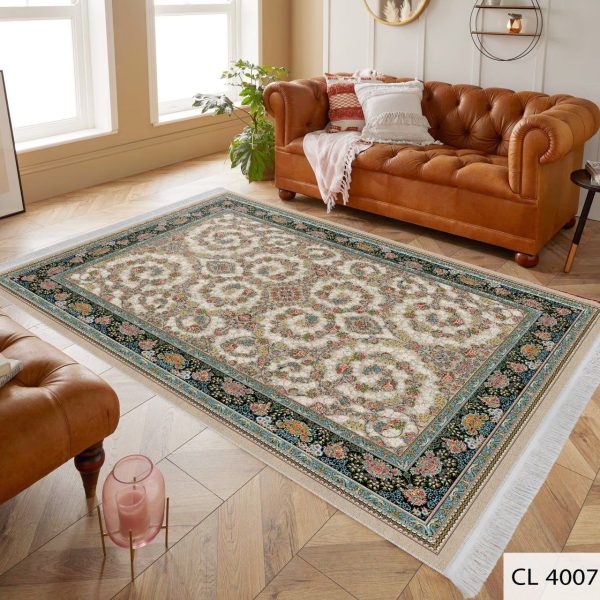 روفرشی کشدار گل افشان کرم وسبز فرشینه 6 متری مخمل فرش 6 متری کرم و سبز