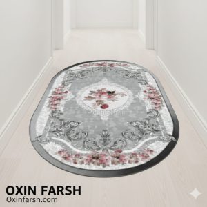 فرشینه راهرویی بیضی طوسی گلدار