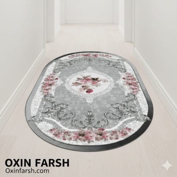 فرشینه راهرویی بیضی طوسی گلدار