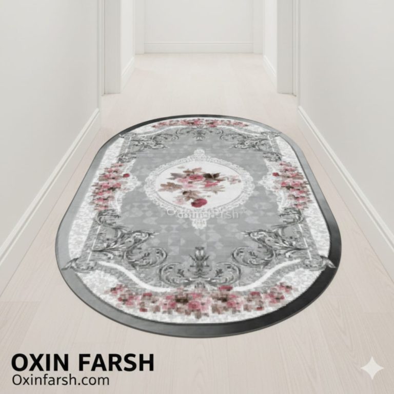 فرشینه راهرویی بیضی طوسی گلدار